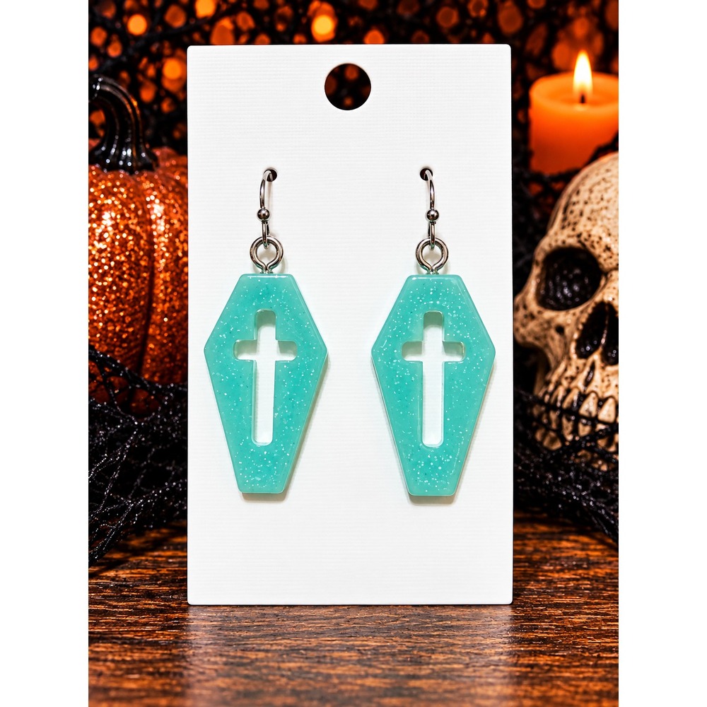 Glitter Resin Coffin Cross Earrings Gothic Halloween Dangle Earrings Handmade
